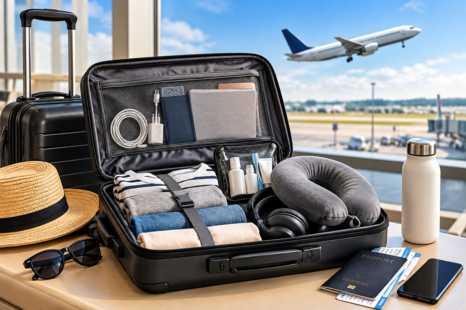 Illustrated travel checklist with items marked off