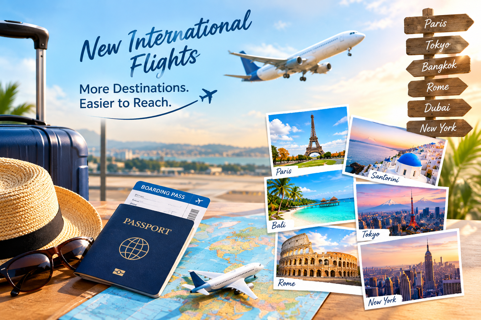 A plane is in the sky over an international airport. Near it are a passport and a boarding pass. A world map sits nearby too.